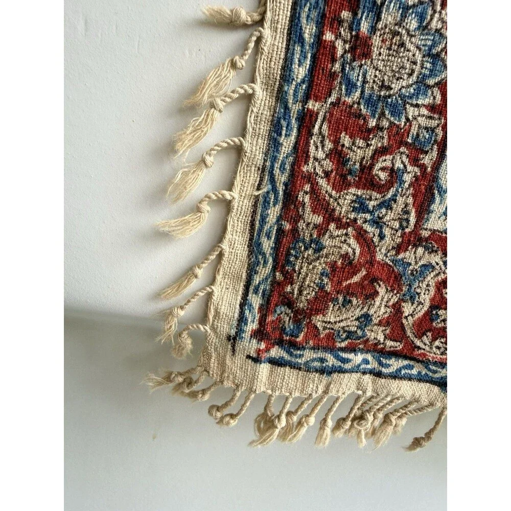 Antique Persian Fringed Cloth Tapestry Qajar Hunting & Polo Scene 24 X 24